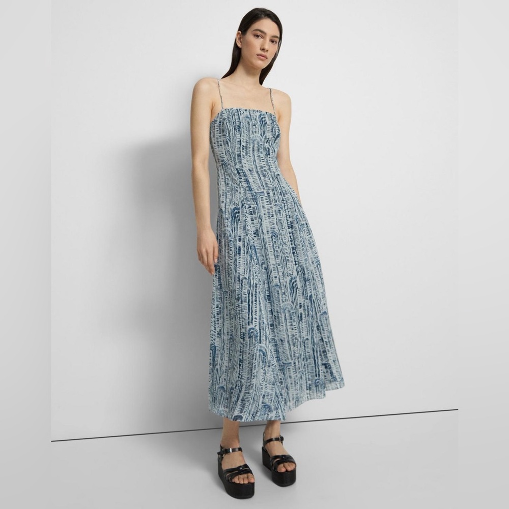 NWT Theory Blue Block Printed Silk Cami Midi Dress
